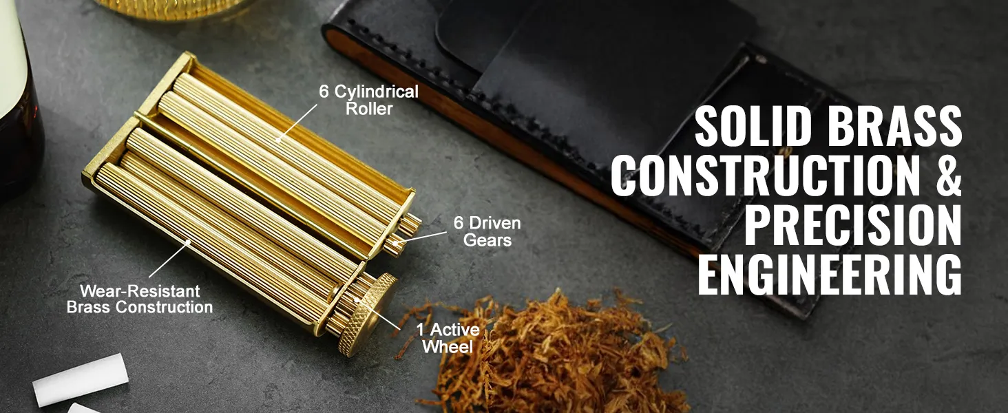 VEVOR cigarette rolling machine with solid brass construction, 6 cylindrical rollers, and precision gears.