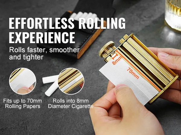 VEVOR cigarette rolling machine for effortless rolling, fits 70mm papers, rolls 8mm diameter cigarettes.