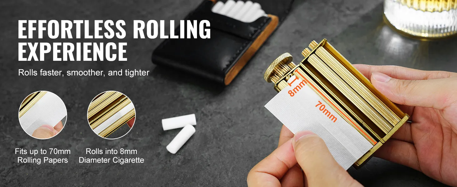 VEVOR cigarette rolling machine for effortless rolling, fits 70mm papers, rolls 8mm diameter cigarettes.