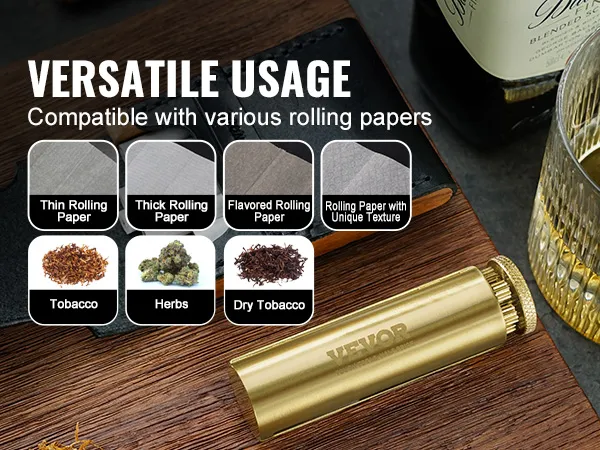 VEVOR cigarette rolling machine with various rolling papers and compatible materials like tobacco and herbs.