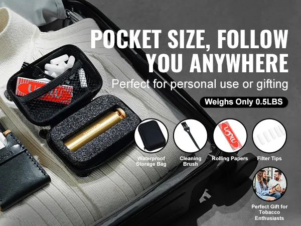 VEVOR cigarette rolling machine kit with waterproof storage bag, rolling papers, filter tips, and brush.