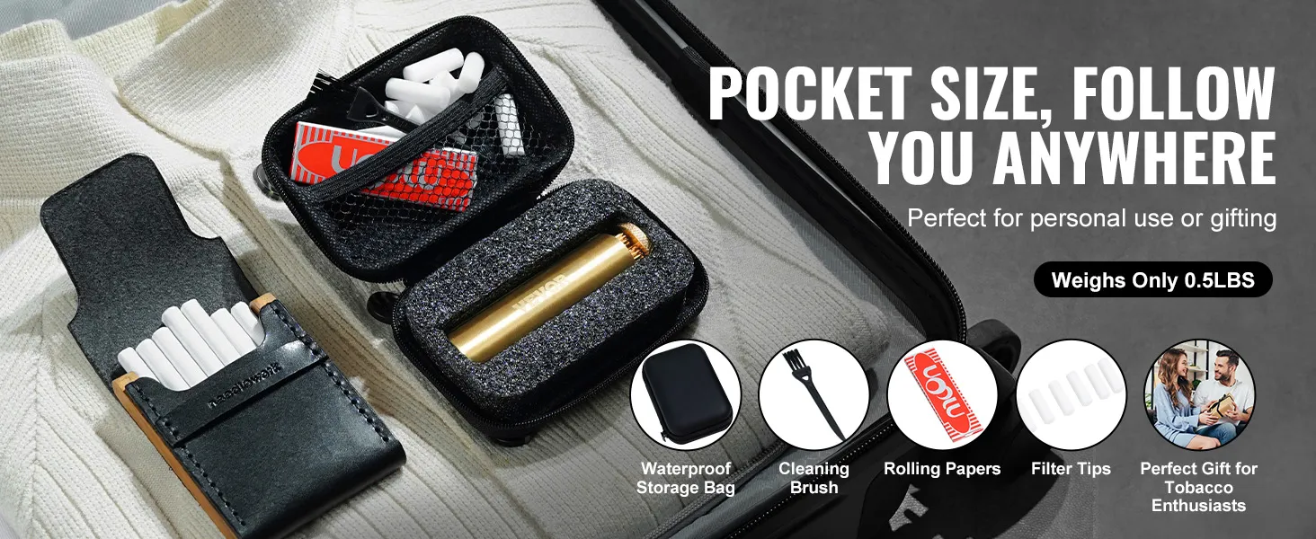 VEVOR cigarette rolling machine kit with waterproof storage bag, rolling papers, filter tips, and brush.