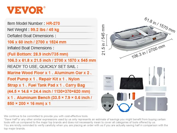 VEVOR inflatable dinghy boat hr-270, 2700x1570x545mm, includes oars, pump, repair kit, carry bag.