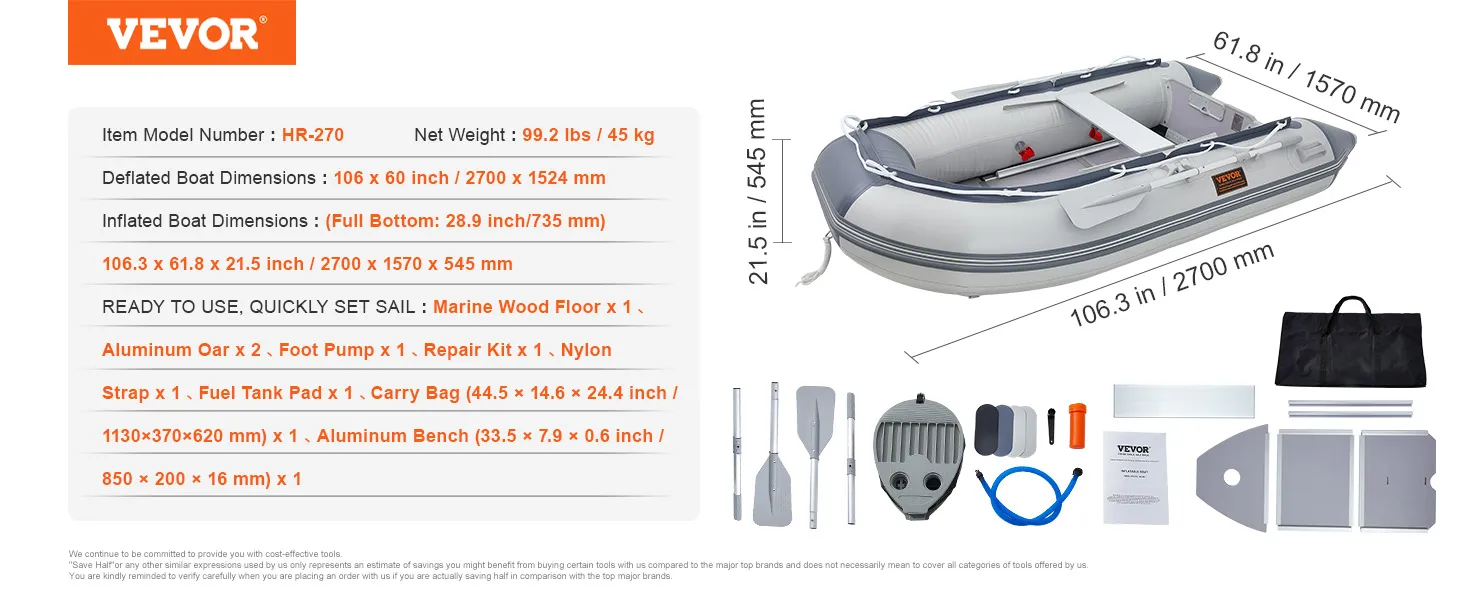 VEVOR inflatable dinghy boat hr-270, 2700x1570x545mm, includes oars, pump, repair kit, carry bag.