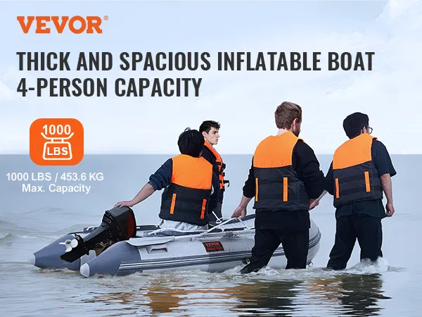 people with life jackets launching VEVOR inflatable dinghy boat, 4-person capacity, 1000 lbs max.