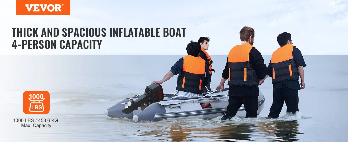 people with life jackets launching VEVOR inflatable dinghy boat, 4-person capacity, 1000 lbs max.