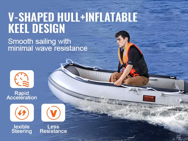 VEVOR inflatable dinghy boat on water with v-shaped hull design for smooth sailing and minimal wave resistance.