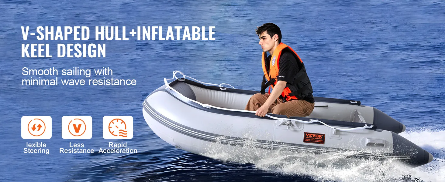 VEVOR inflatable dinghy boat on water with v-shaped hull design for smooth sailing and minimal wave resistance.