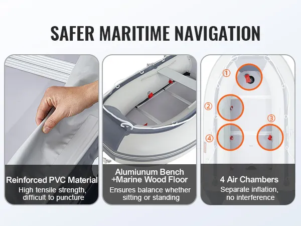 reinforced pvc on VEVOR inflatable dinghy boat, aluminum bench, marine wood floor, 4 air chambers.