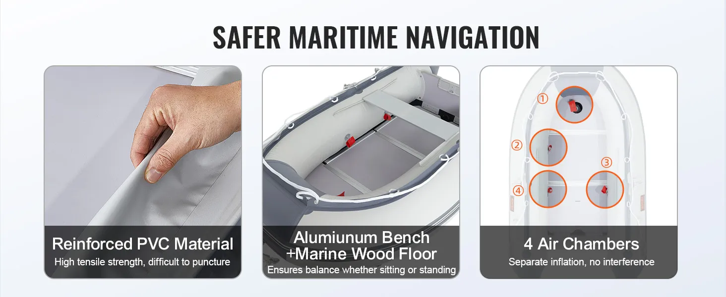 reinforced pvc on VEVOR inflatable dinghy boat, aluminum bench, marine wood floor, 4 air chambers.