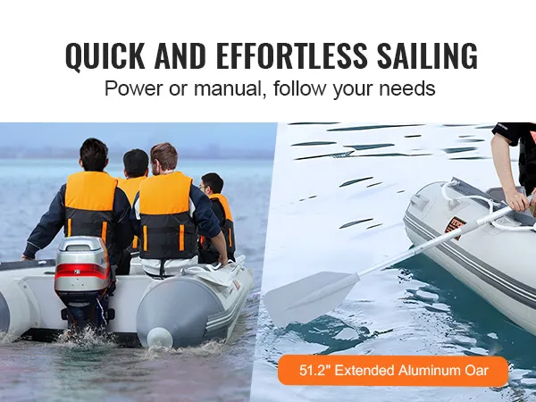VEVOR inflatable dinghy boat on water with motor and manual oar, showcasing versatility in sailing options.
