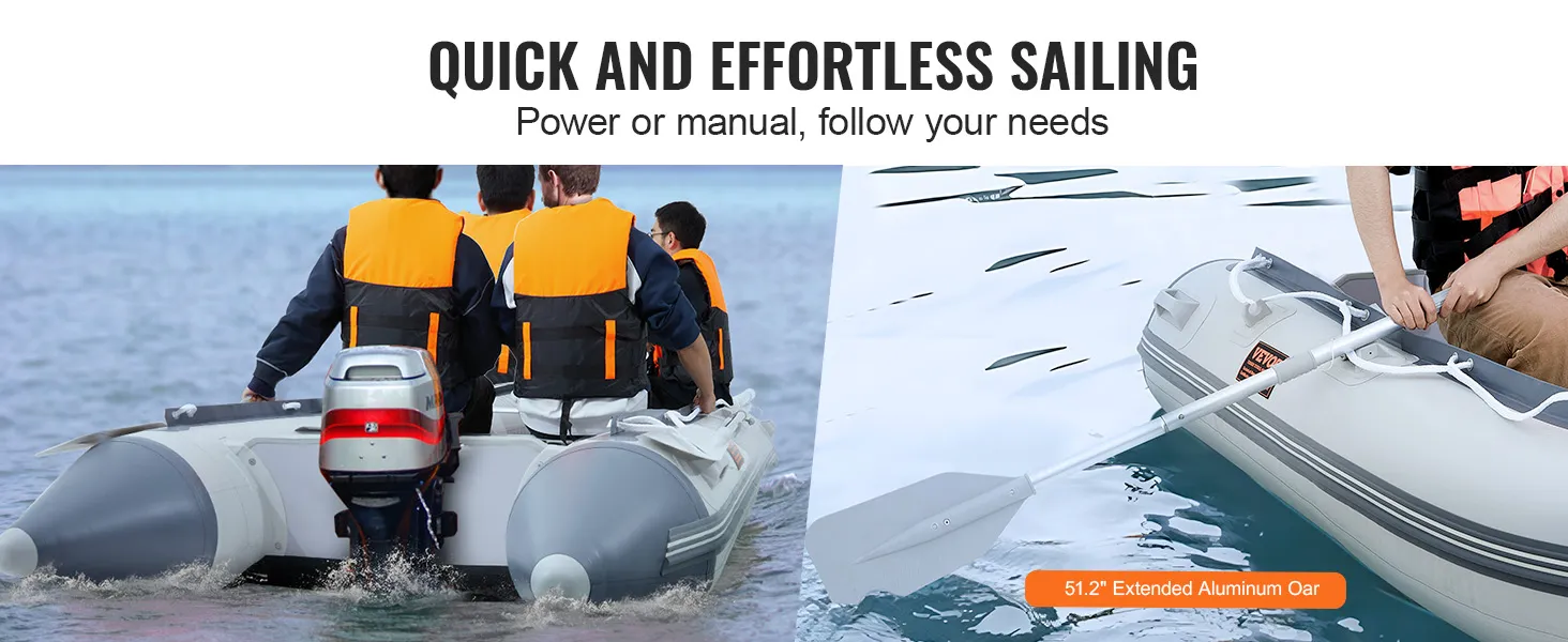 VEVOR inflatable dinghy boat on water with motor and manual oar, showcasing versatility in sailing options.