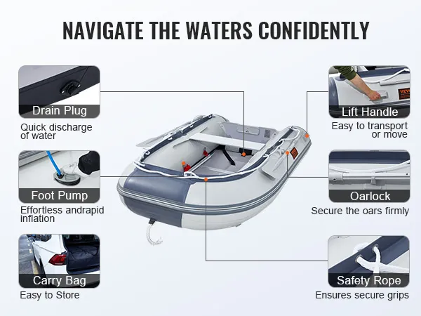 VEVOR inflatable dinghy boat with lift handles, foot pump, safety rope, and carry bag for easy transport.