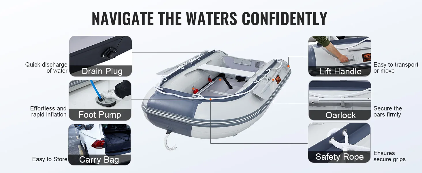 VEVOR inflatable dinghy boat with lift handles, foot pump, safety rope, and carry bag for easy transport.