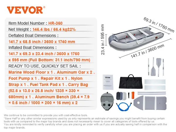 VEVOR inflatable dinghy boat package includes aluminum oars, foot pump, repair kit, strap, and carry bag.