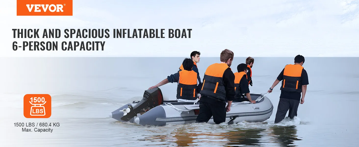 VEVOR inflatable dinghy boat with 6-person capacity in water, supporting up to 1500 lbs.