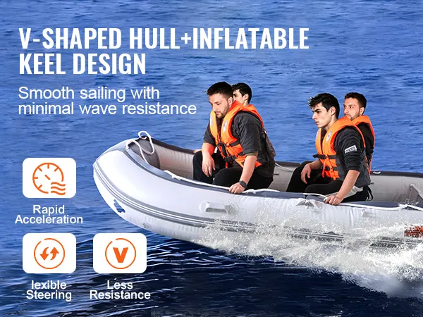 VEVOR inflatable dinghy boat on water with v-shaped hull and inflatable keel design for smooth sailing.