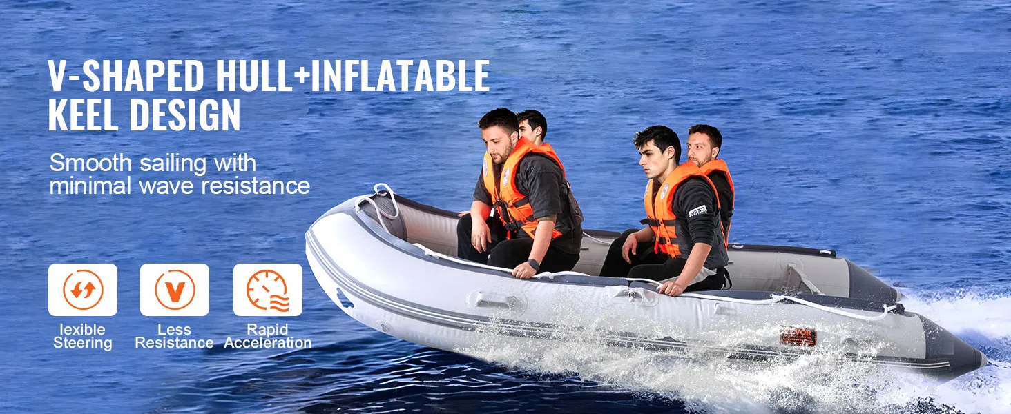 VEVOR inflatable dinghy boat on water with v-shaped hull and inflatable keel design for smooth sailing.