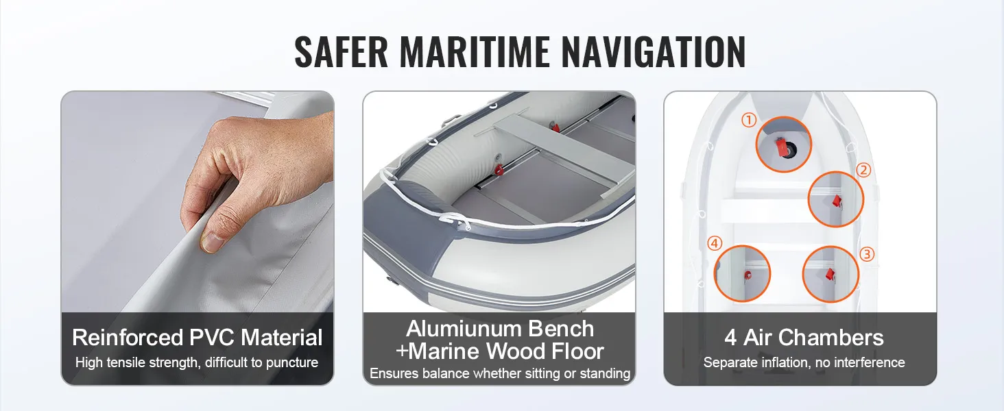 VEVOR inflatable dinghy boat features reinforced pvc, aluminum bench with marine wood floor, and 4 air chambers.
