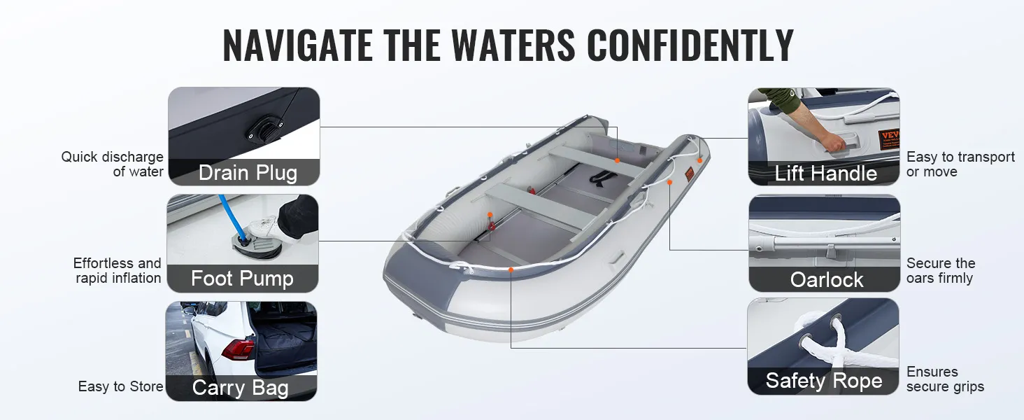 VEVOR inflatable dinghy boat features a drain plug, foot pump, carry bag, lift handle, oarlock, and safety rope.