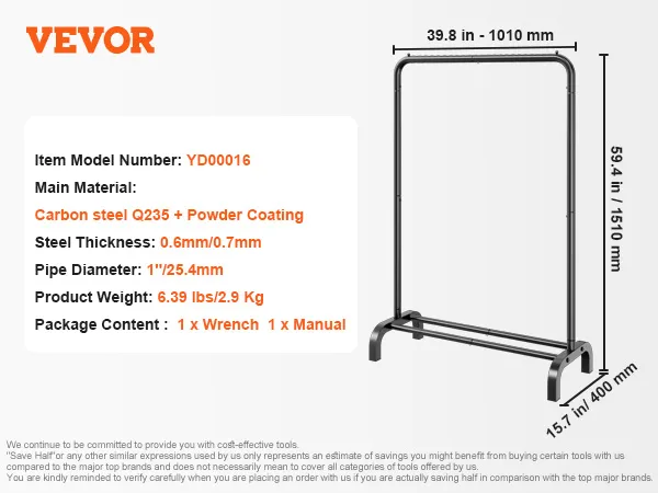 VEVOR clothes rack with carbon steel q235, 39.8in width, 59.4in height, 6.39 lbs weight.