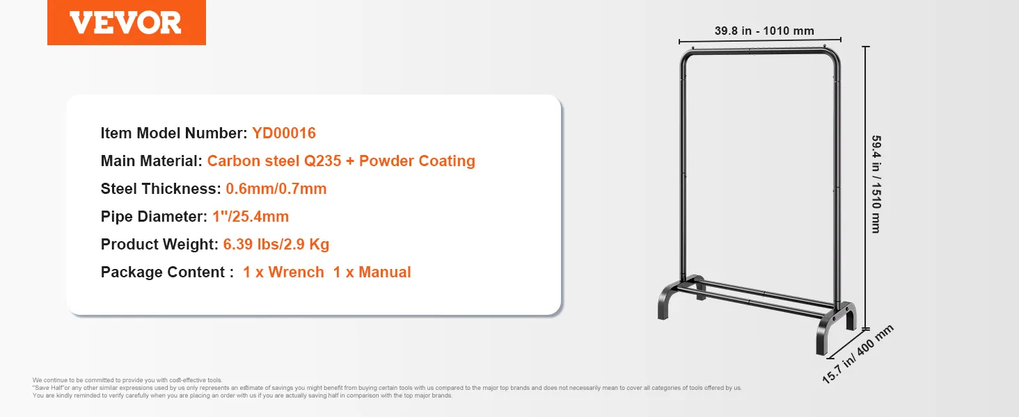 VEVOR clothes rack with carbon steel q235, 39.8in width, 59.4in height, 6.39 lbs weight.
