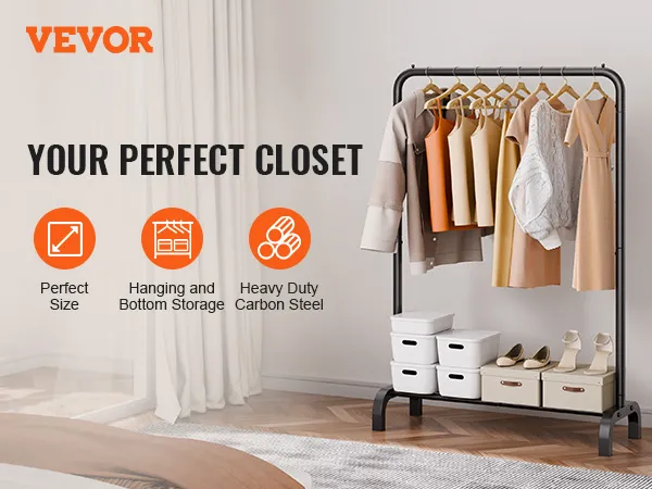 VEVOR clothes rack with hanging garments, boxes, and storage bins in a bright, organized room.