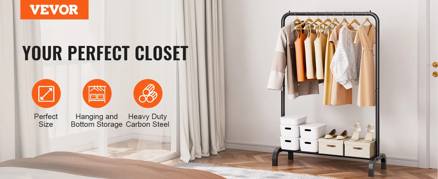 VEVOR clothes rack with hanging garments, boxes, and storage bins in a bright, organized room.