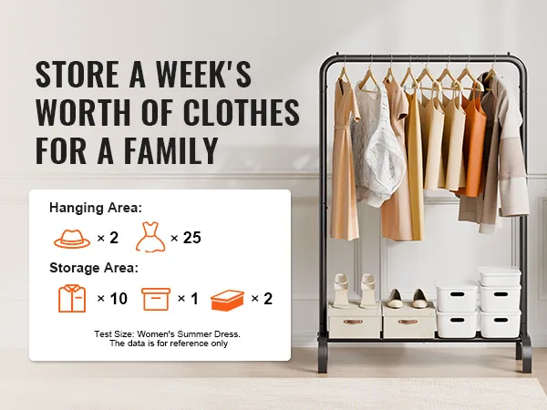 VEVOR clothes rack with hanging clothes, storage boxes, and a plant beside a window in a bright room.