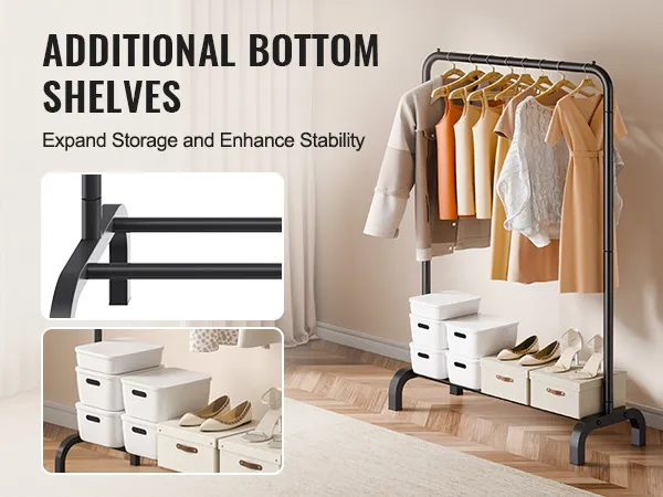 VEVOR clothes rack with bottom shelves, storage boxes, and hanging clothes in a stylish room setting.