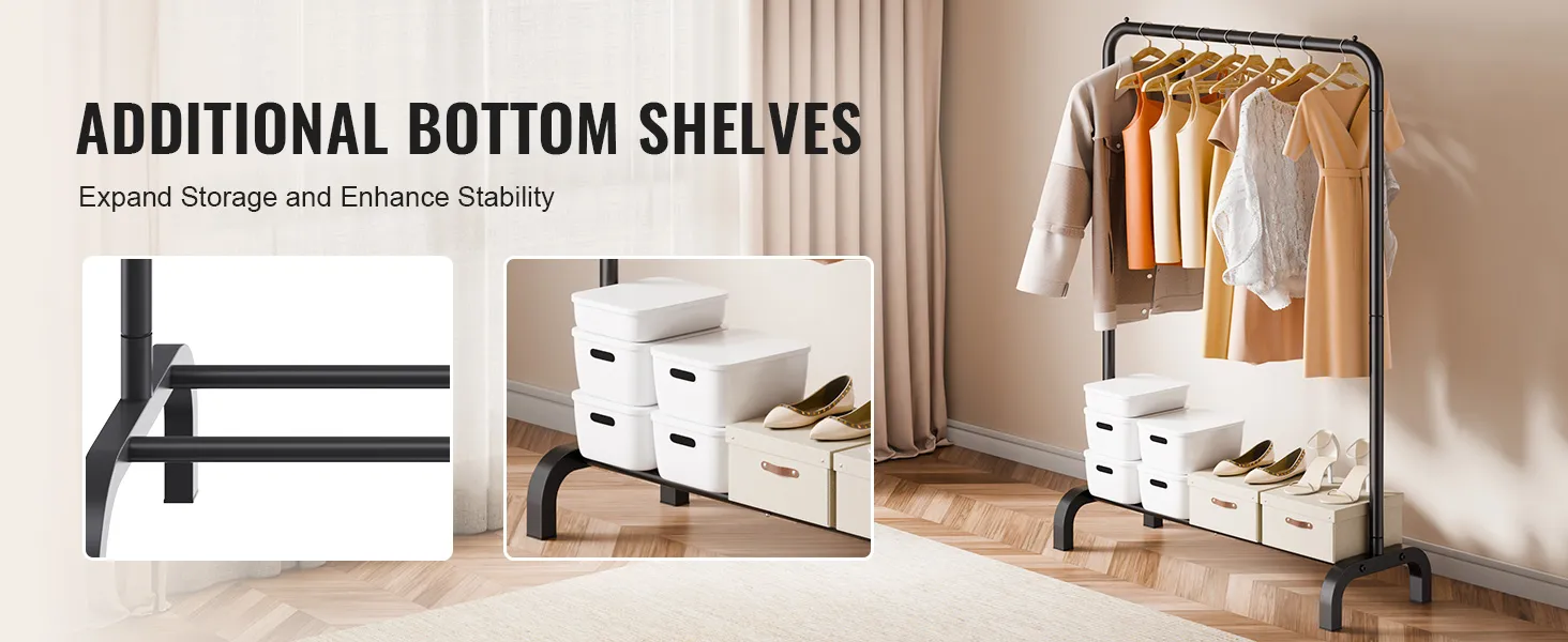 VEVOR clothes rack with bottom shelves, storage boxes, and hanging clothes in a stylish room setting.