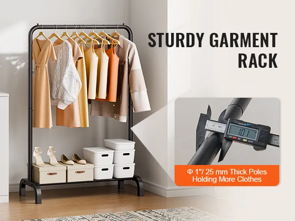 VEVOR clothes rack with hanging clothes and storage boxes, featuring sturdy 1" thick poles.