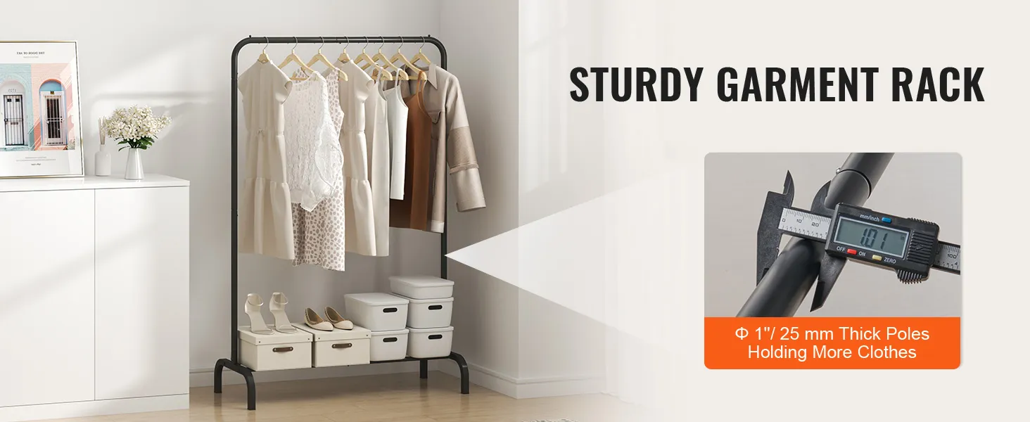 VEVOR clothes rack with hanging clothes and storage boxes, featuring sturdy 1" thick poles.