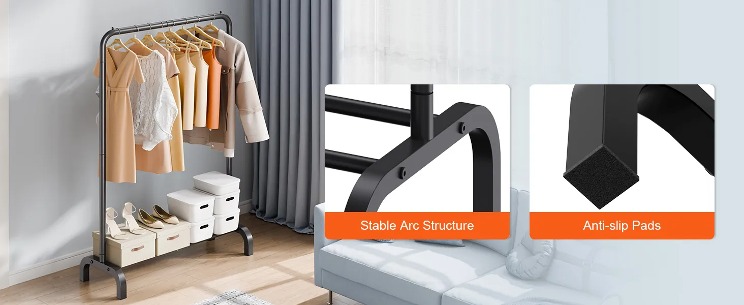 VEVOR clothes rack with hanging garments, storage boxes, stable arc structure, and anti-slip pads.