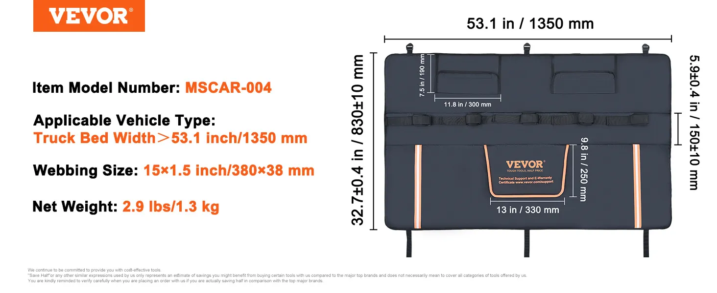 VEVOR tailgate pad specifications: fits 53.1 in truck beds, 15x1.5 in webbing size, 2.9 lbs weight.
