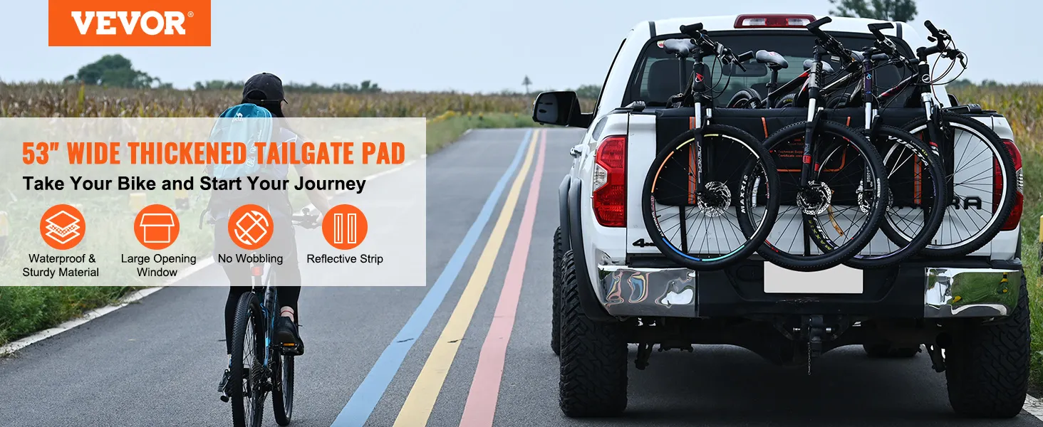VEVOR tailgate pad on a truck carrying bicycles, promoting 53" thickened pad with waterproof material.