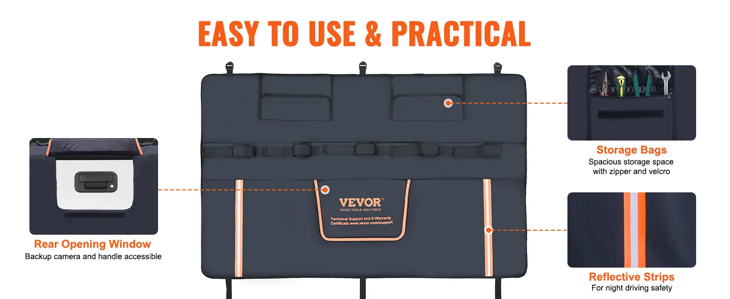 VEVOR tailgate pad with storage bags, reflective strips, and rear opening window for easy access.