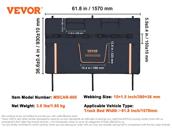 VEVOR tailgate pad mscar-005 for truck beds >61.8 inches, 15x1.5 inch webbing, 3.6 lbs.