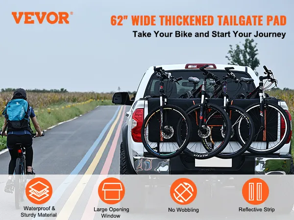 VEVOR tailgate pad securing bicycles on a pickup truck, cyclist riding along a rural road.