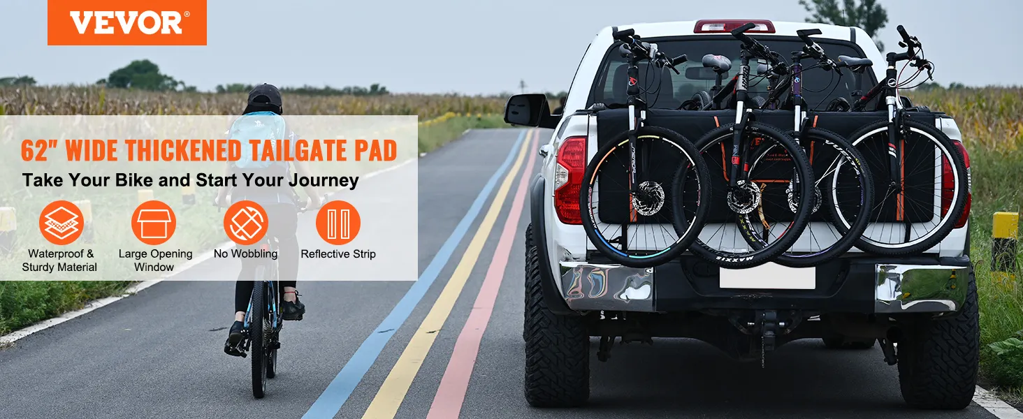 VEVOR tailgate pad securing bicycles on a pickup truck, cyclist riding along a rural road.