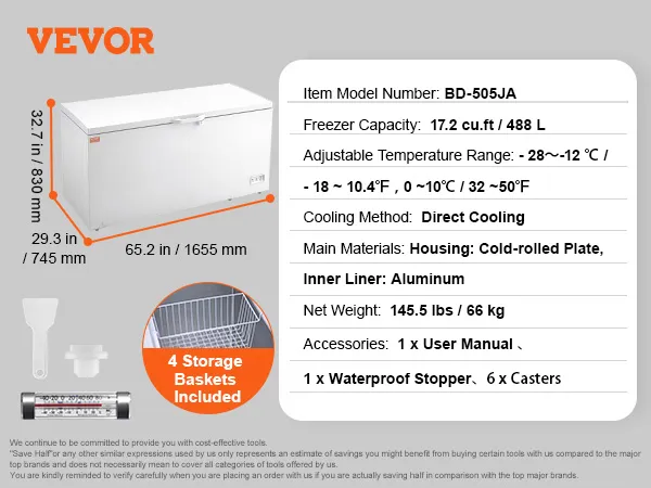 VEVOR diepvrieskist met 4 opbergmanden, 17,2 cu.ft. capaciteit, directe koeling, instelbare temperatuur.