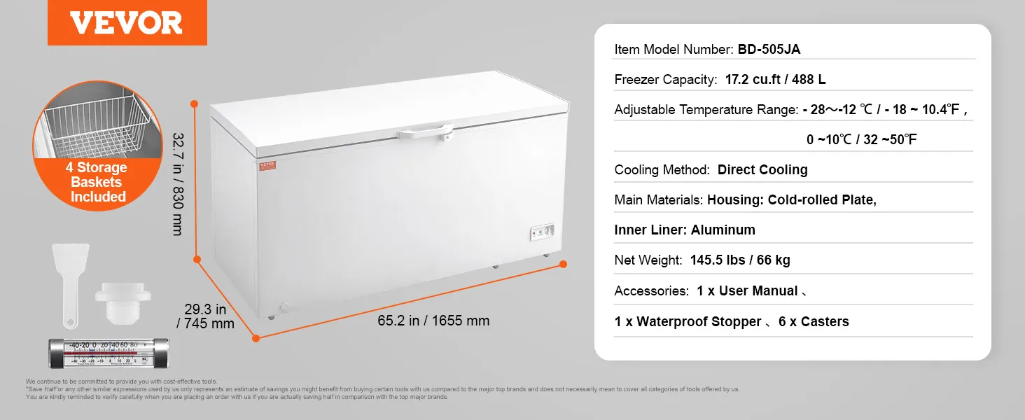 VEVOR diepvrieskist met 4 opbergmanden, 17,2 cu.ft. capaciteit, directe koeling, instelbare temperatuur.
