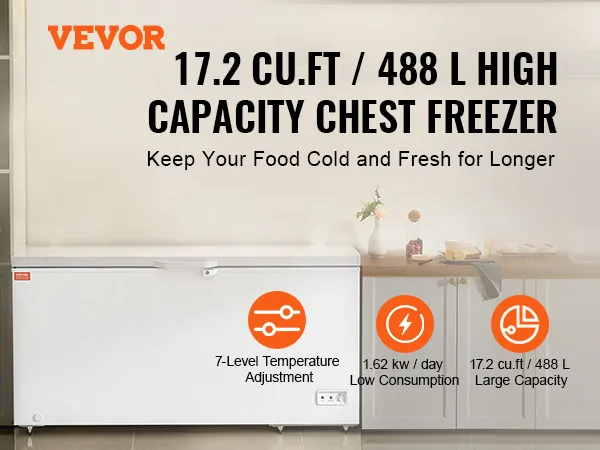 VEVOR diepvrieskist, 17,2 cu.ft., 488 l, laag verbruik, grote capaciteit, 7-traps temperatuurregeling.