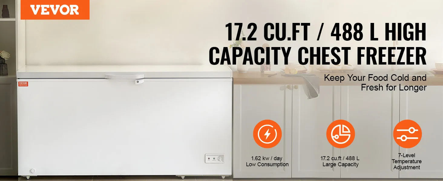 VEVOR diepvrieskist, 17,2 cu.ft., 488 l, laag verbruik, grote capaciteit, 7-traps temperatuurregeling.
