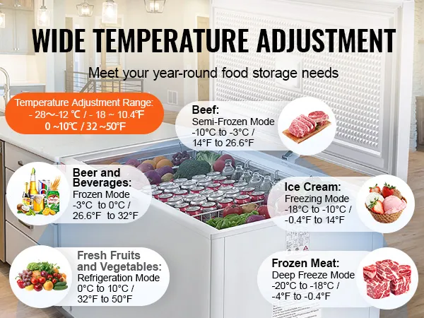 VEVOR diepvrieskist met brede temperatuurregeling, ideaal voor ijs, bevroren vlees, dranken en groenten.