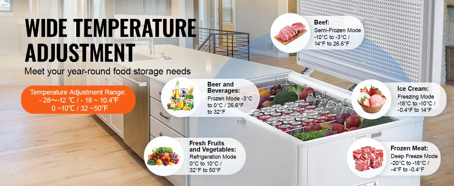 VEVOR diepvrieskist met brede temperatuurregeling, ideaal voor ijs, bevroren vlees, dranken en groenten.