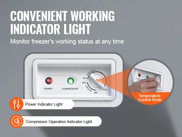 Stroom- en compressorindicatielampjes op de VEVOR-diepvrieskist met instelbare temperatuurregelknop.