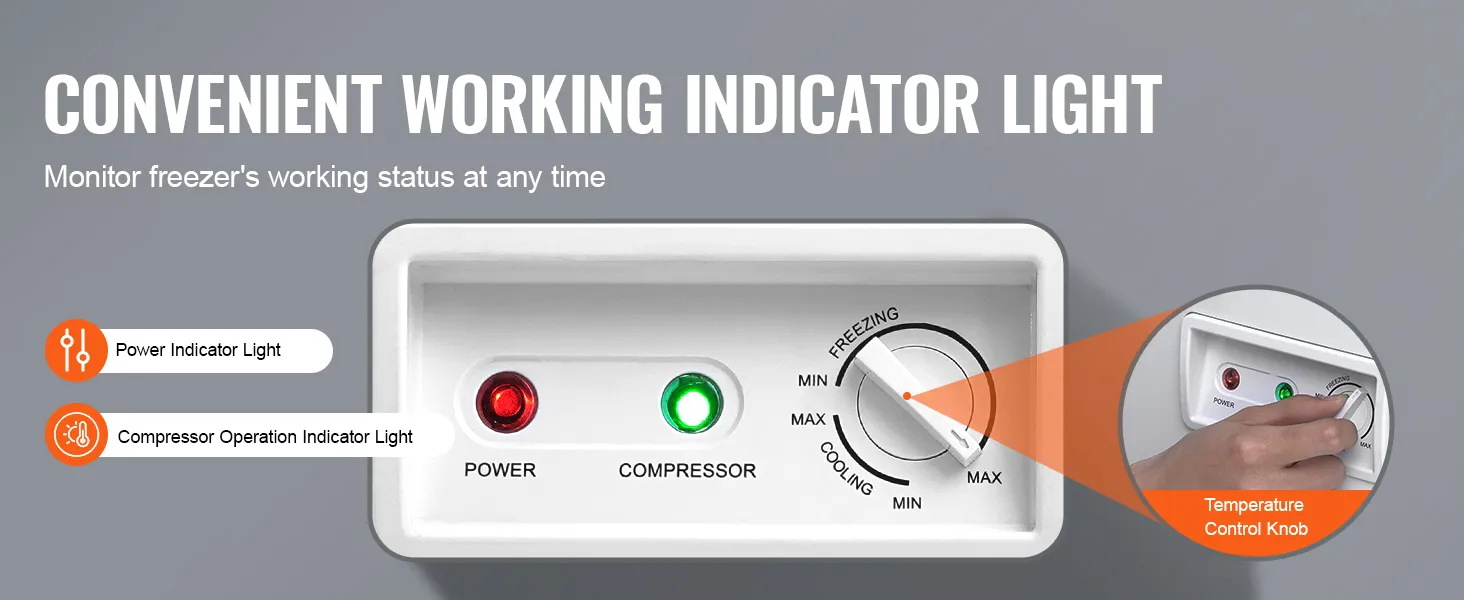 Stroom- en compressorindicatielampjes op de VEVOR-diepvrieskist met instelbare temperatuurregelknop.