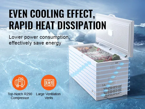 VEVOR-diepvrieskist in ijzig landschap, met nadruk op gelijkmatige koeling, snelle warmteafvoer en energie-efficiëntie.