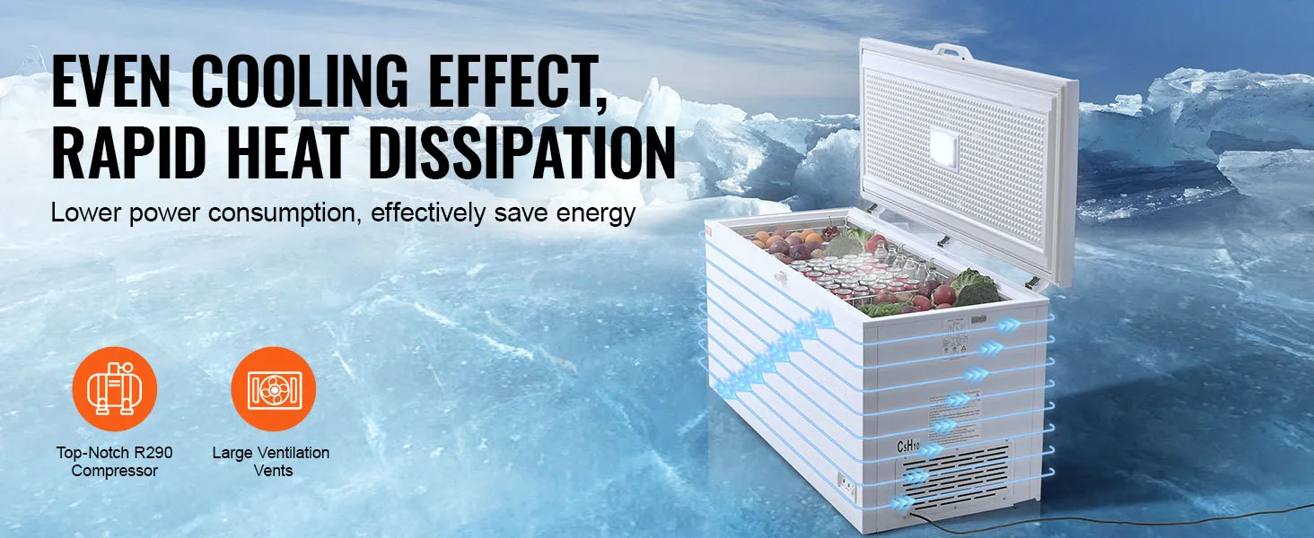 VEVOR-diepvrieskist in ijzig landschap, met nadruk op gelijkmatige koeling, snelle warmteafvoer en energie-efficiëntie.